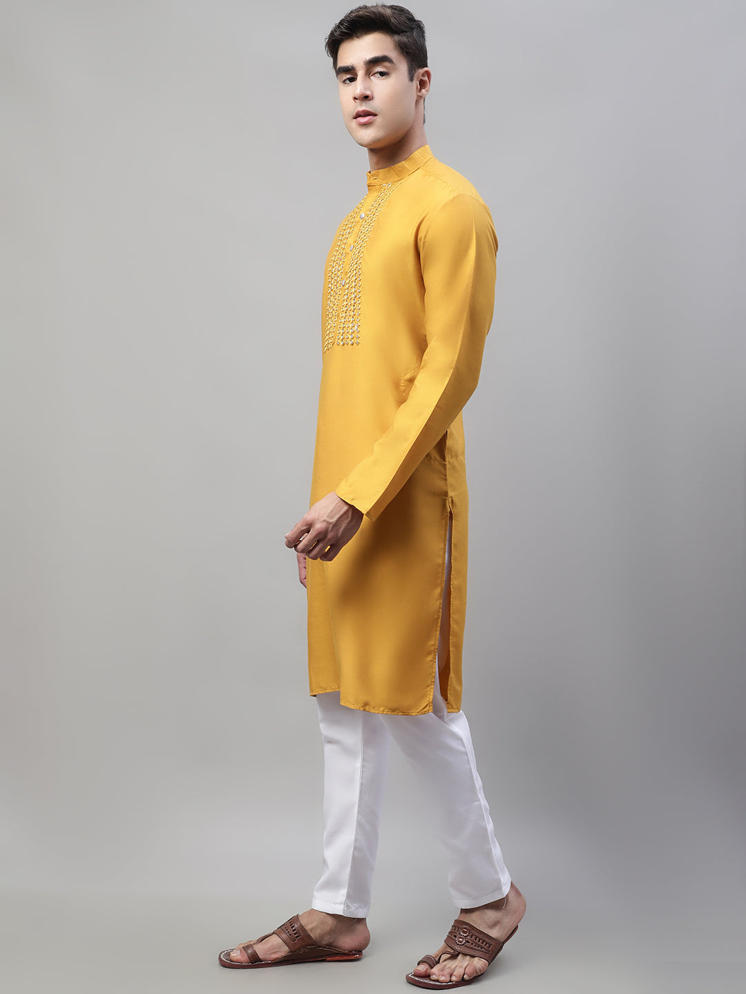 Jompers Men's Mustard Cotton Silk Mirror Work Kurta Pyjama - Distacart