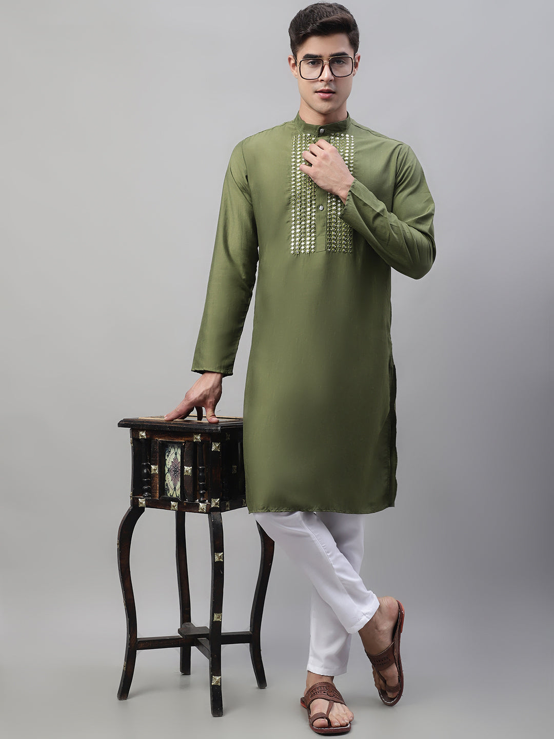 Jompers Men's Olive Green Cotton Silk Mirror Work Kurta Pyjama - Distacart