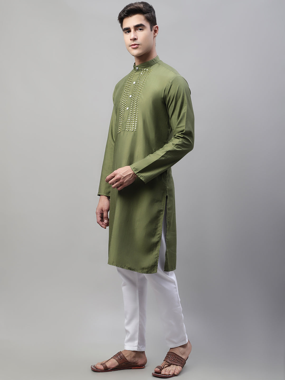 Jompers Men's Olive Green Cotton Silk Mirror Work Kurta Pyjama - Distacart