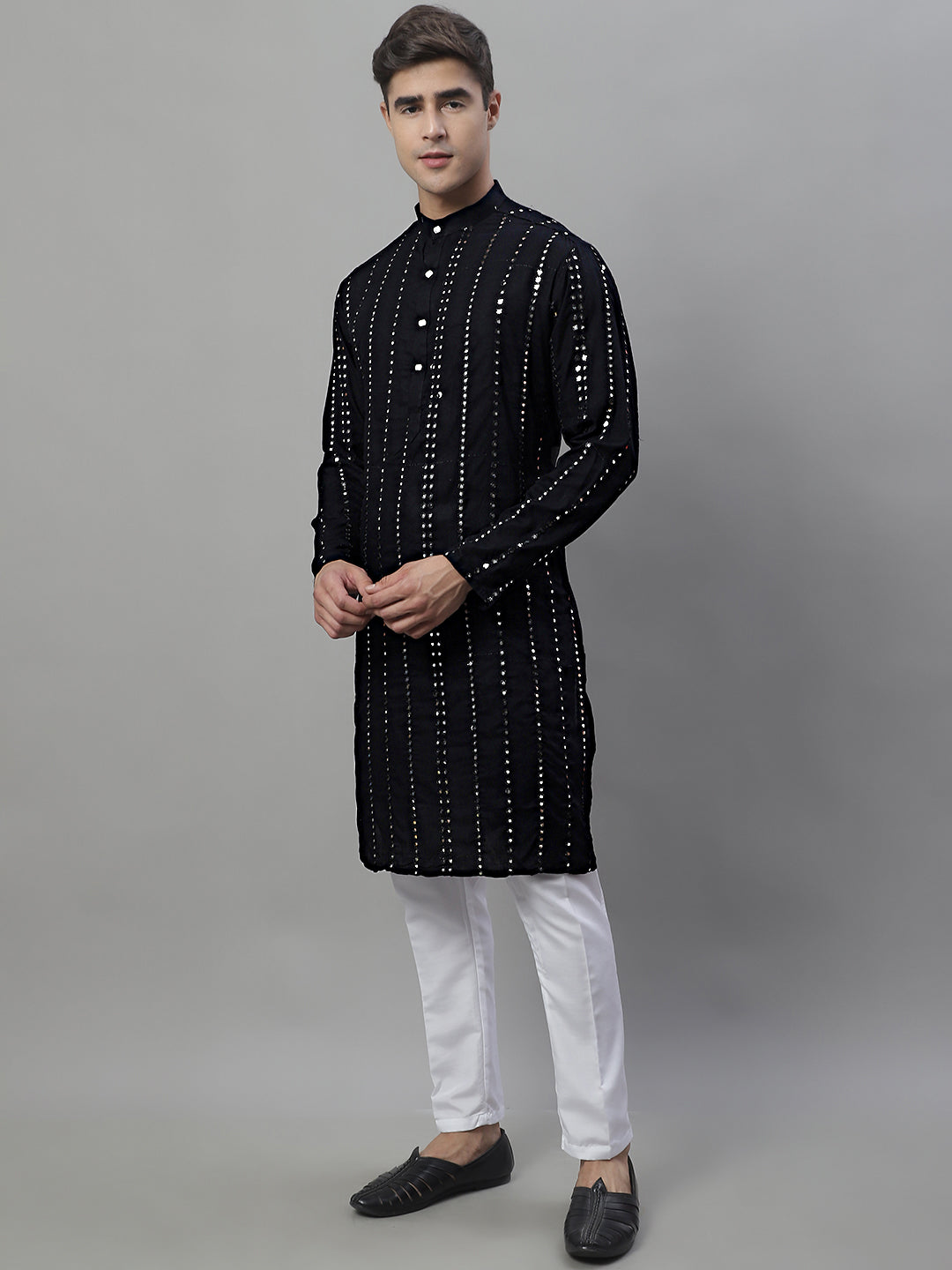 Jompers Men's Embroidered Mirror Work Kurta Payjama Sets - Black - Distacart