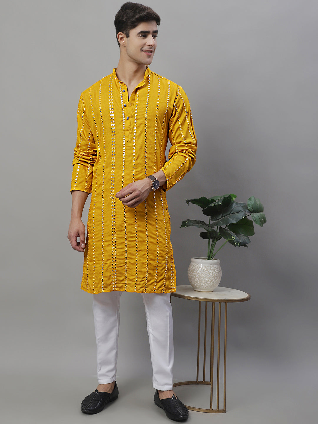 Jompers Men's Embroidered Mirror Work Kurta Payjama Sets - Mustard - Distacart