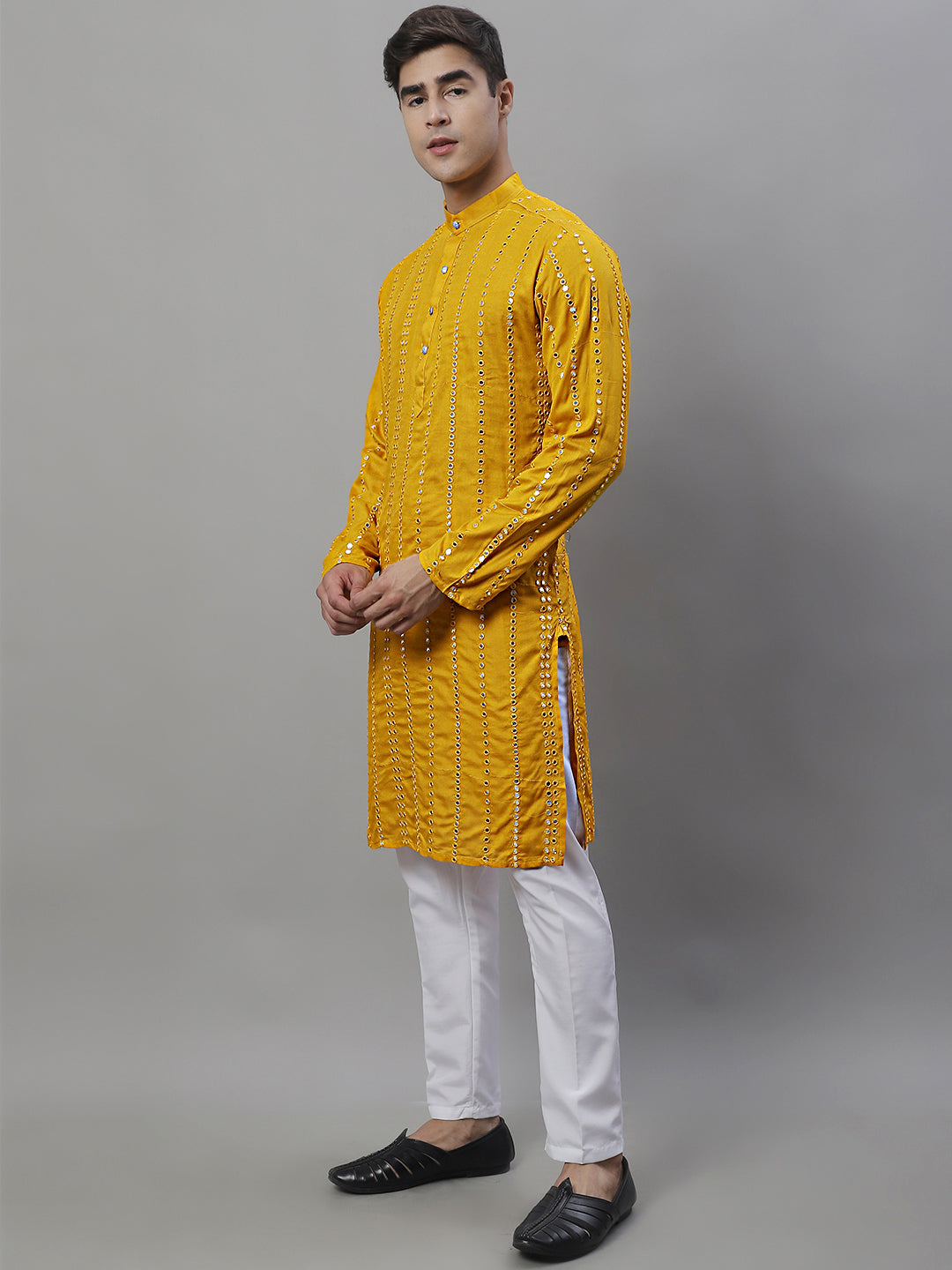Jompers Men's Embroidered Mirror Work Kurta Payjama Sets - Mustard - Distacart