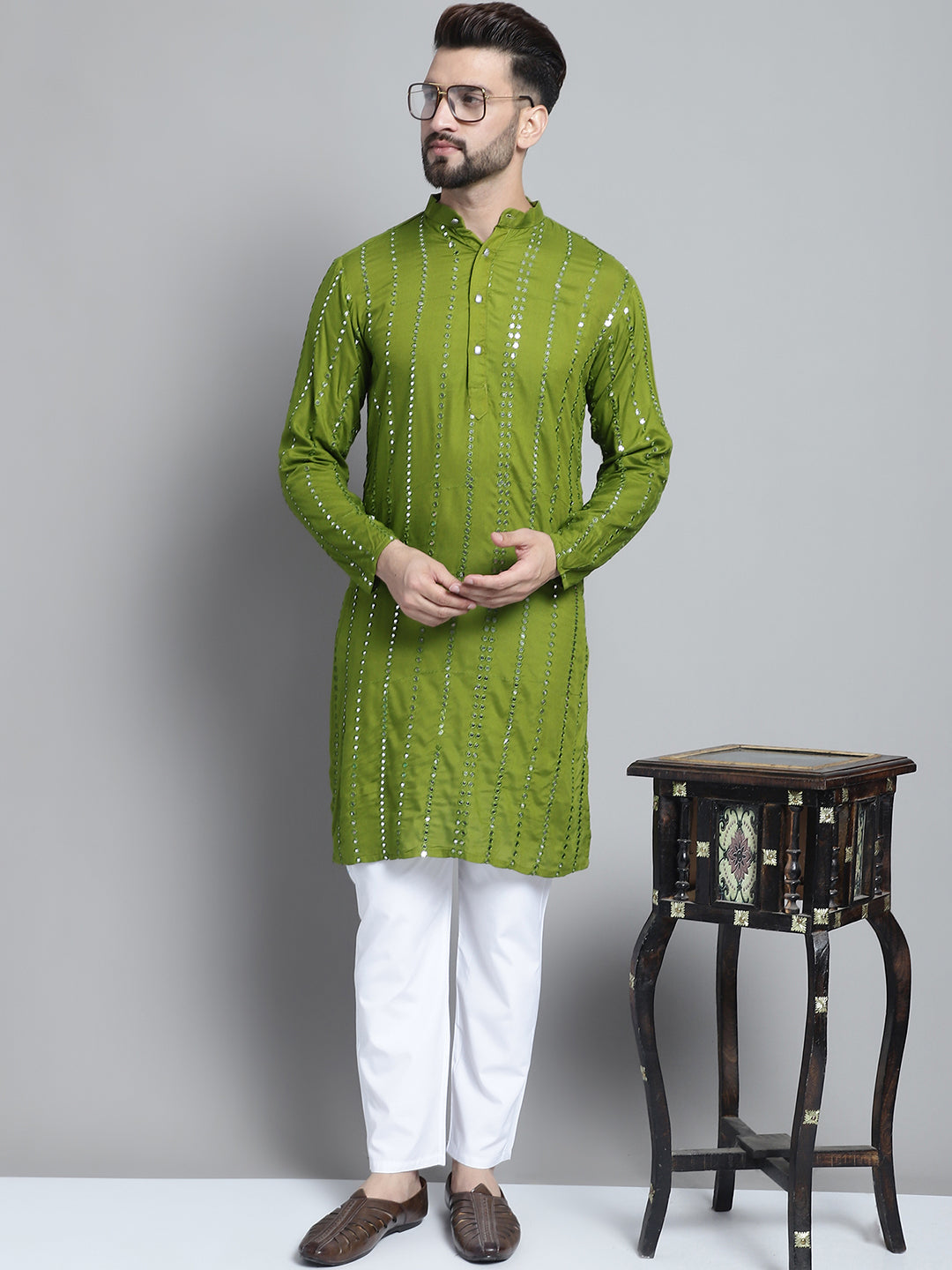 Jompers Men's Embroidered Mirror Work Kurta Payjama Sets - Olive - Distacart