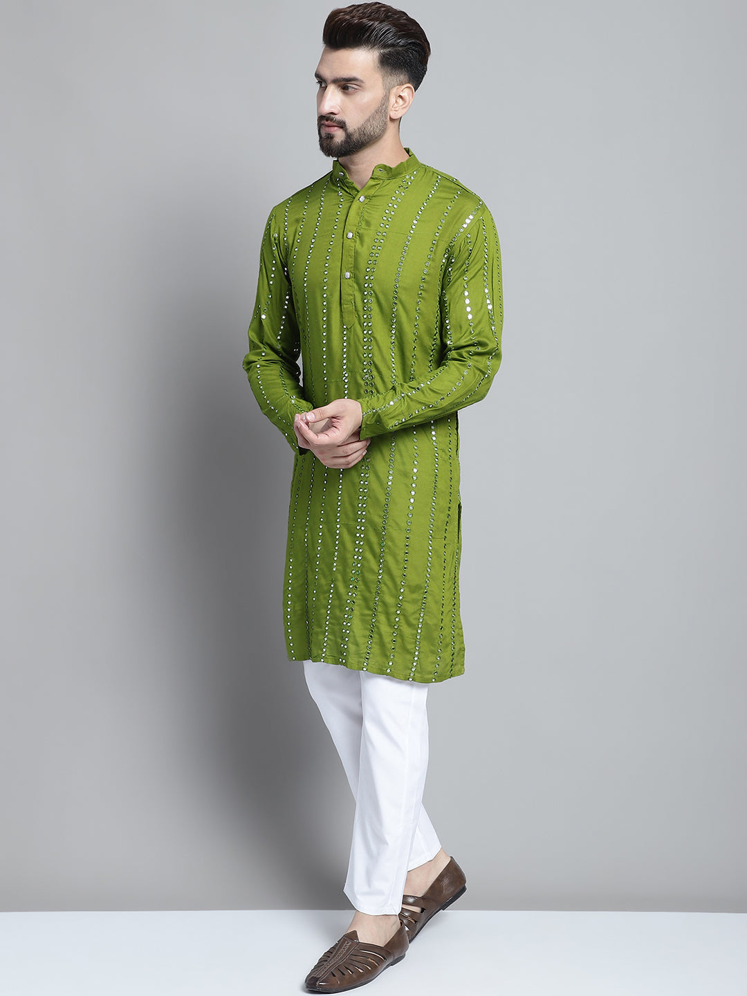Jompers Men's Embroidered Mirror Work Kurta Payjama Sets - Olive - Distacart