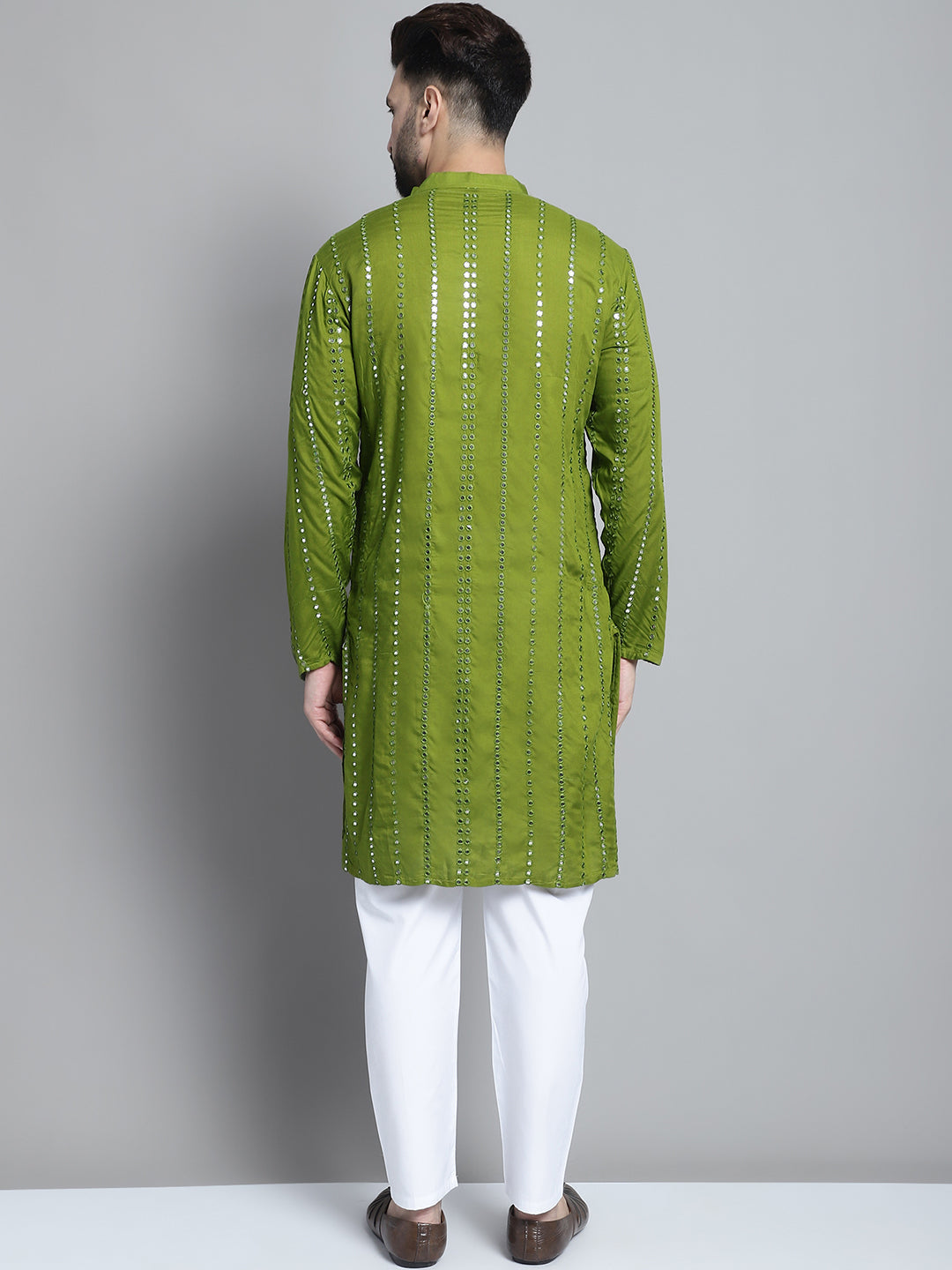 Jompers Men's Embroidered Mirror Work Kurta Payjama Sets - Olive - Distacart