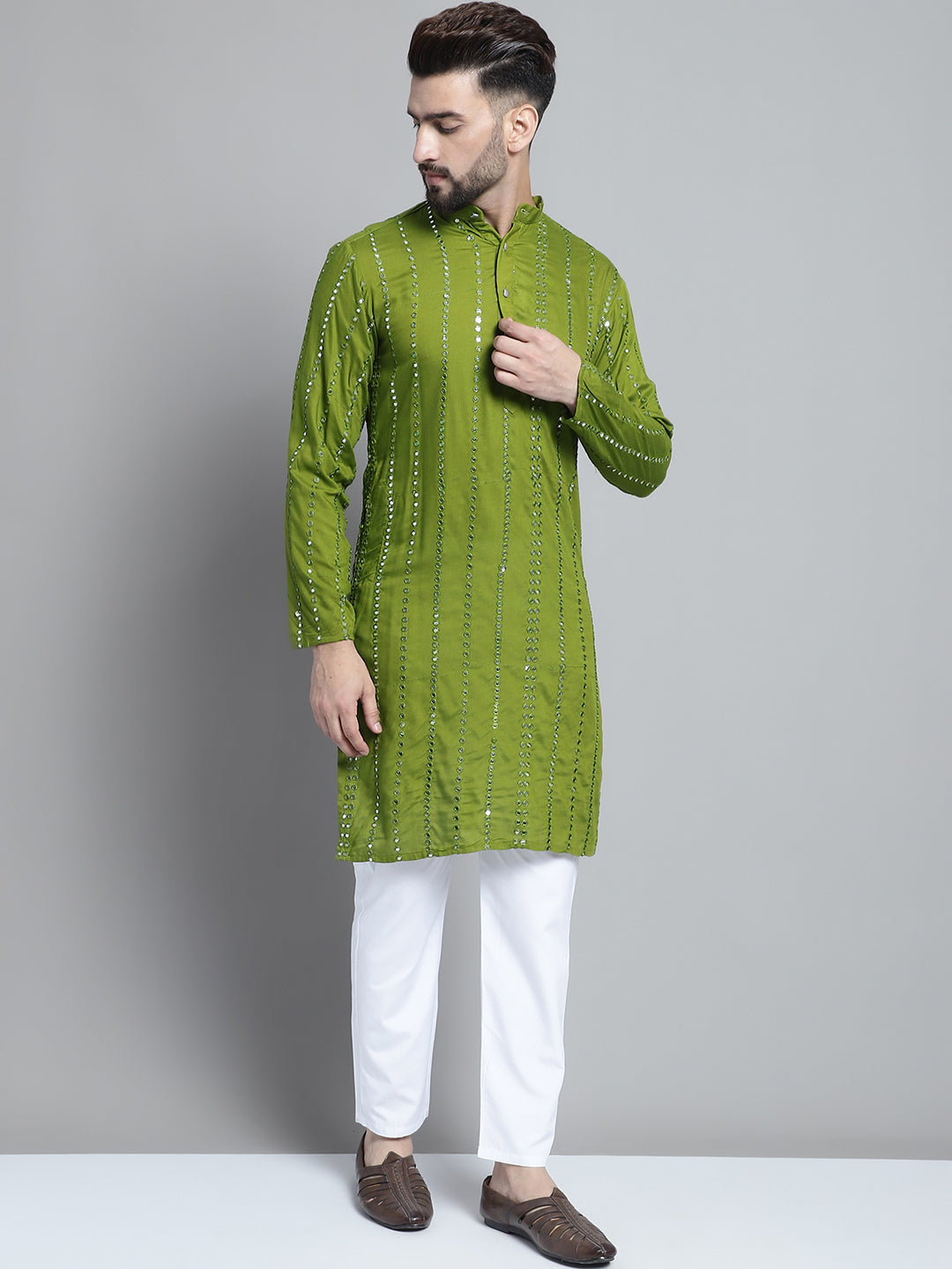 Jompers Men's Embroidered Mirror Work Kurta Payjama Sets - Olive - Distacart
