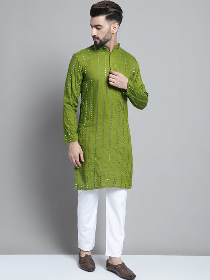 Jompers Men's Embroidered Mirror Work Kurta Payjama Sets - Olive - Distacart