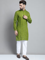 Thumbnail for Jompers Men's Embroidered Mirror Work Kurta Payjama Sets - Olive - Distacart