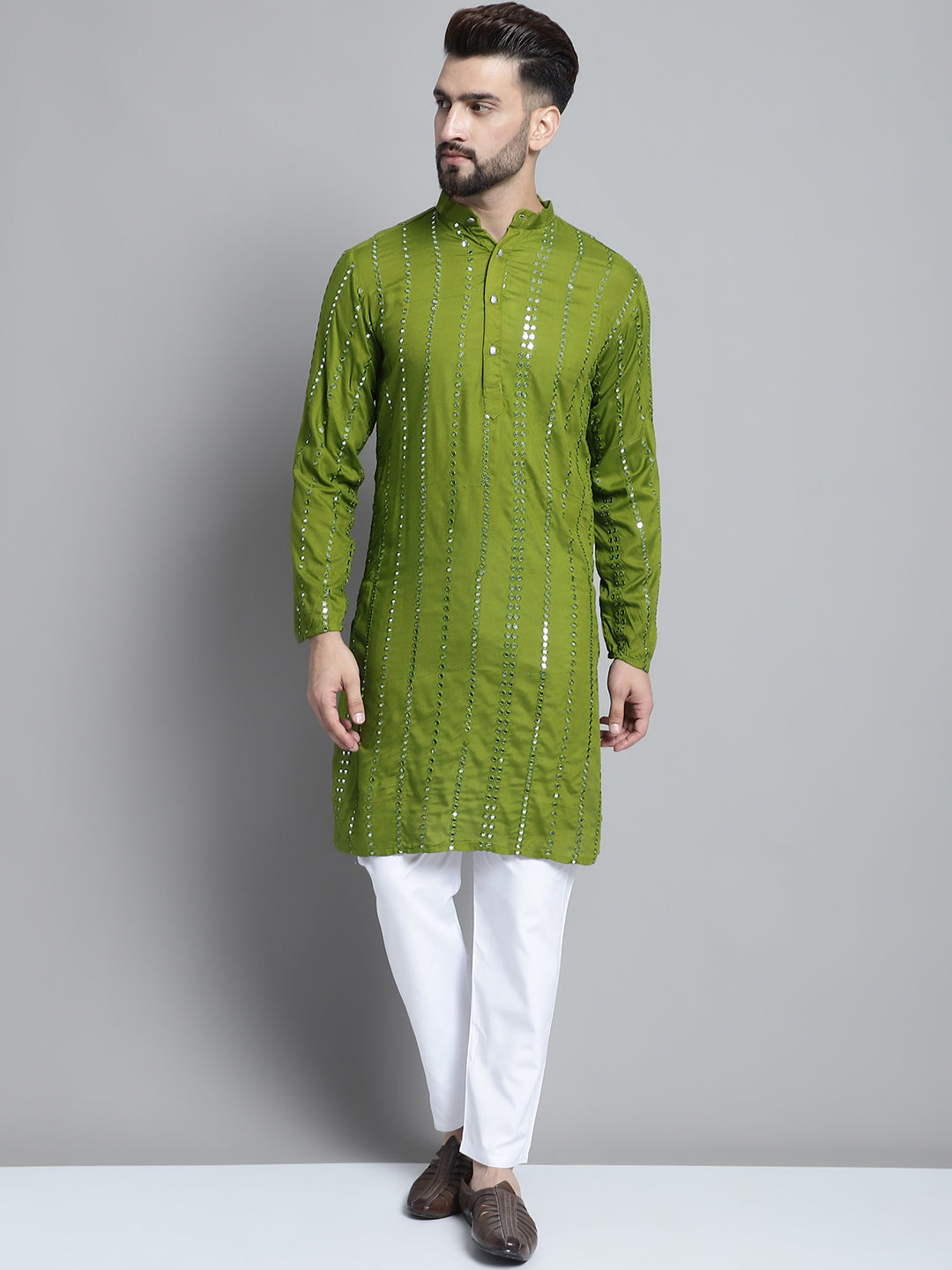 Jompers Men's Embroidered Mirror Work Kurta Payjama Sets - Olive - Distacart