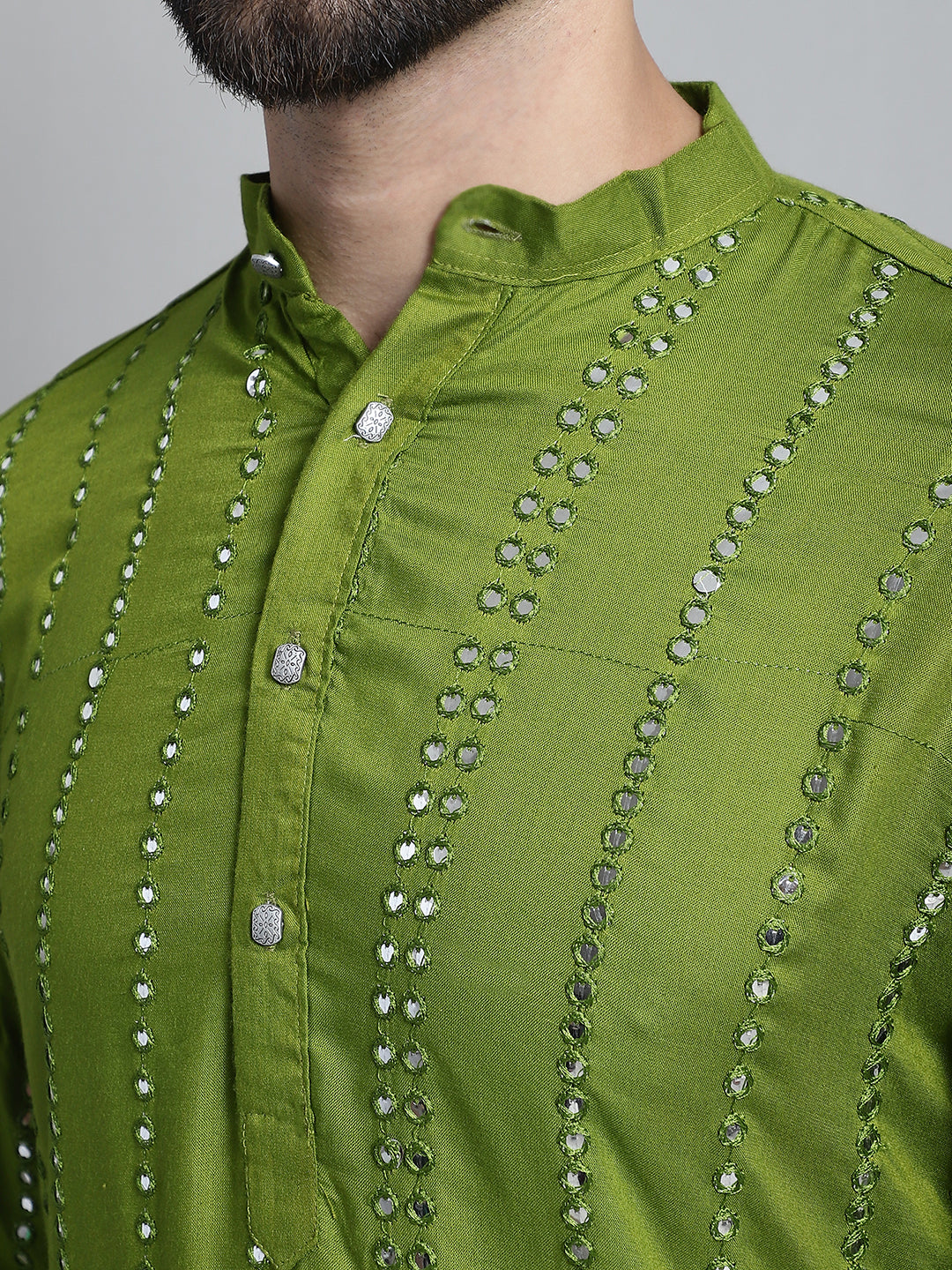 Jompers Men's Embroidered Mirror Work Kurta Payjama Sets - Olive - Distacart