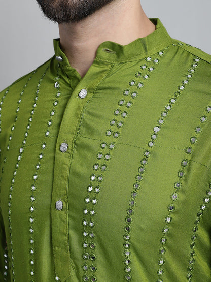 Jompers Men's Embroidered Mirror Work Kurta Payjama Sets - Olive - Distacart