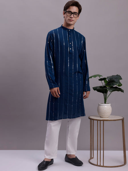 Jompers Men's Embroidered Mirror Work Kurta Payjama Sets - Peacock - Distacart