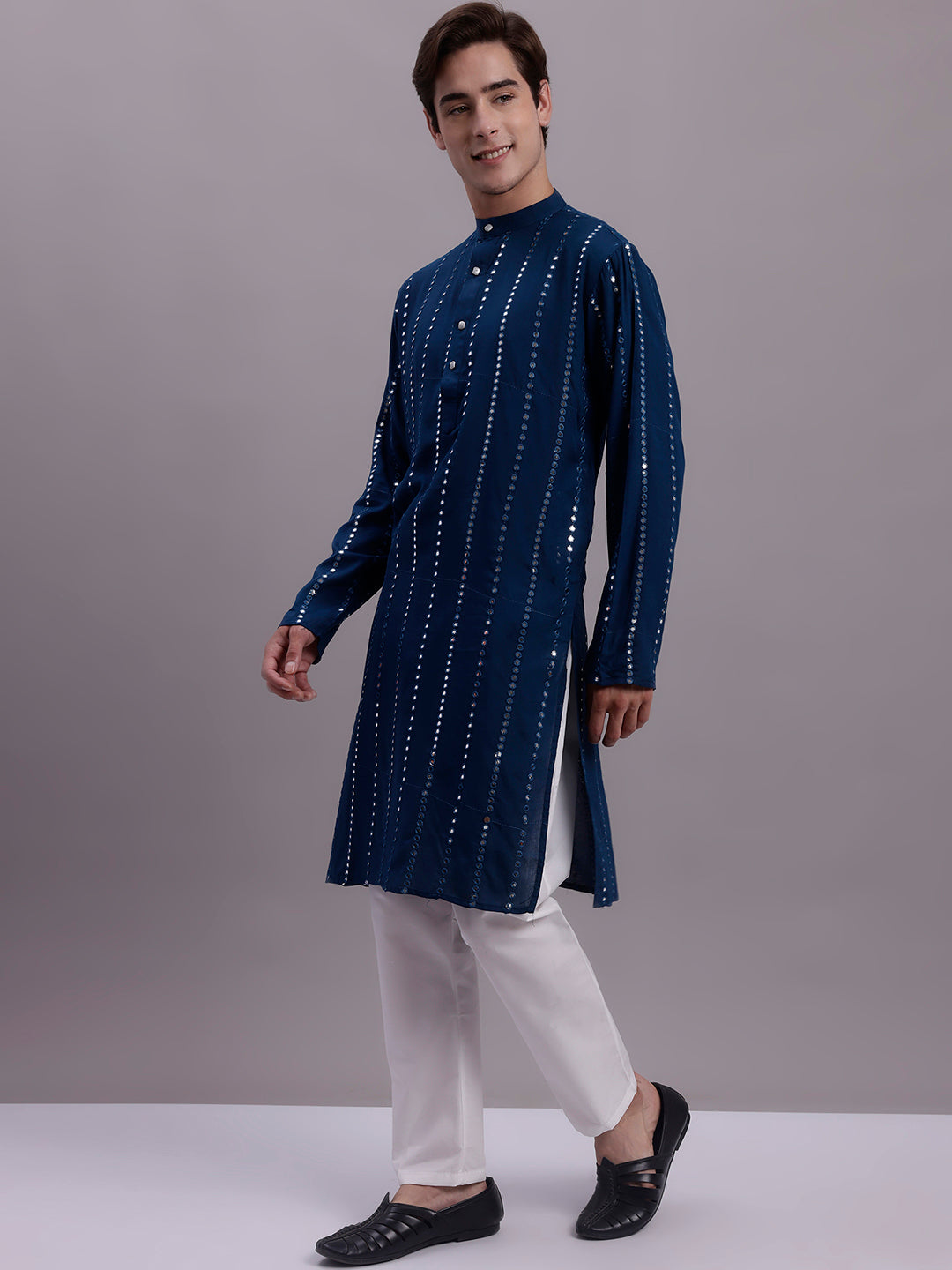 Jompers Men's Embroidered Mirror Work Kurta Payjama Sets - Peacock - Distacart