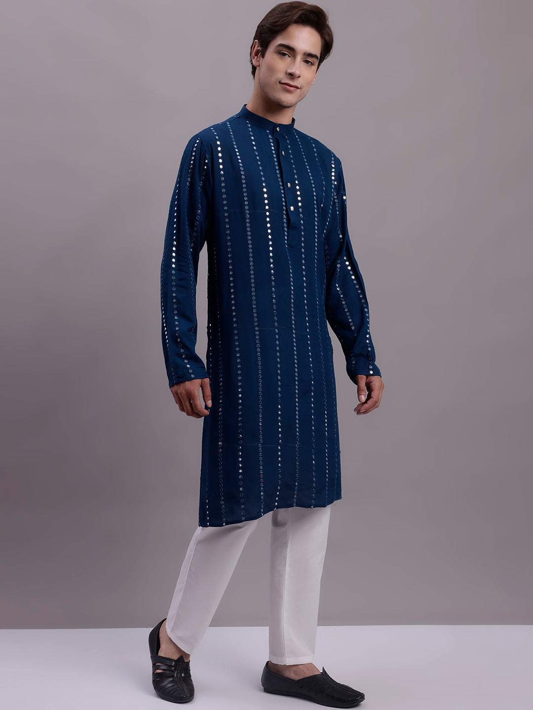 Jompers Men's Embroidered Mirror Work Kurta Payjama Sets - Peacock - Distacart