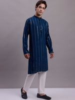 Thumbnail for Jompers Men's Embroidered Mirror Work Kurta Payjama Sets - Peacock - Distacart