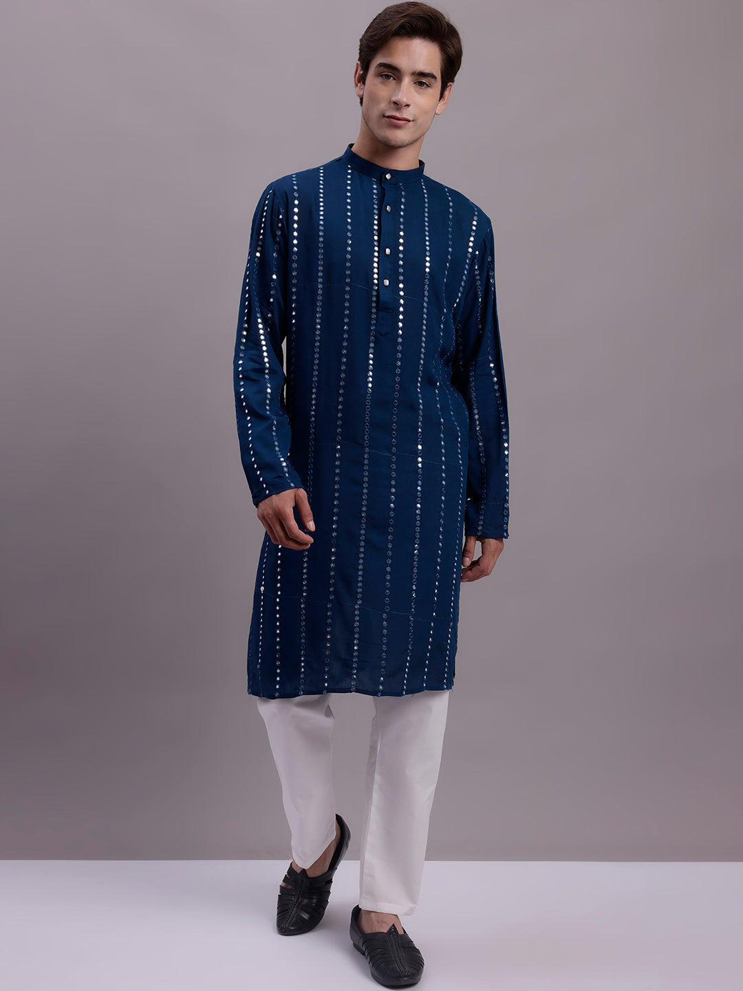 Jompers Men's Embroidered Mirror Work Kurta Payjama Sets - Peacock - Distacart