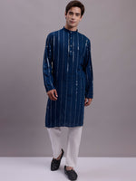 Thumbnail for Jompers Men's Embroidered Mirror Work Kurta Payjama Sets - Peacock - Distacart
