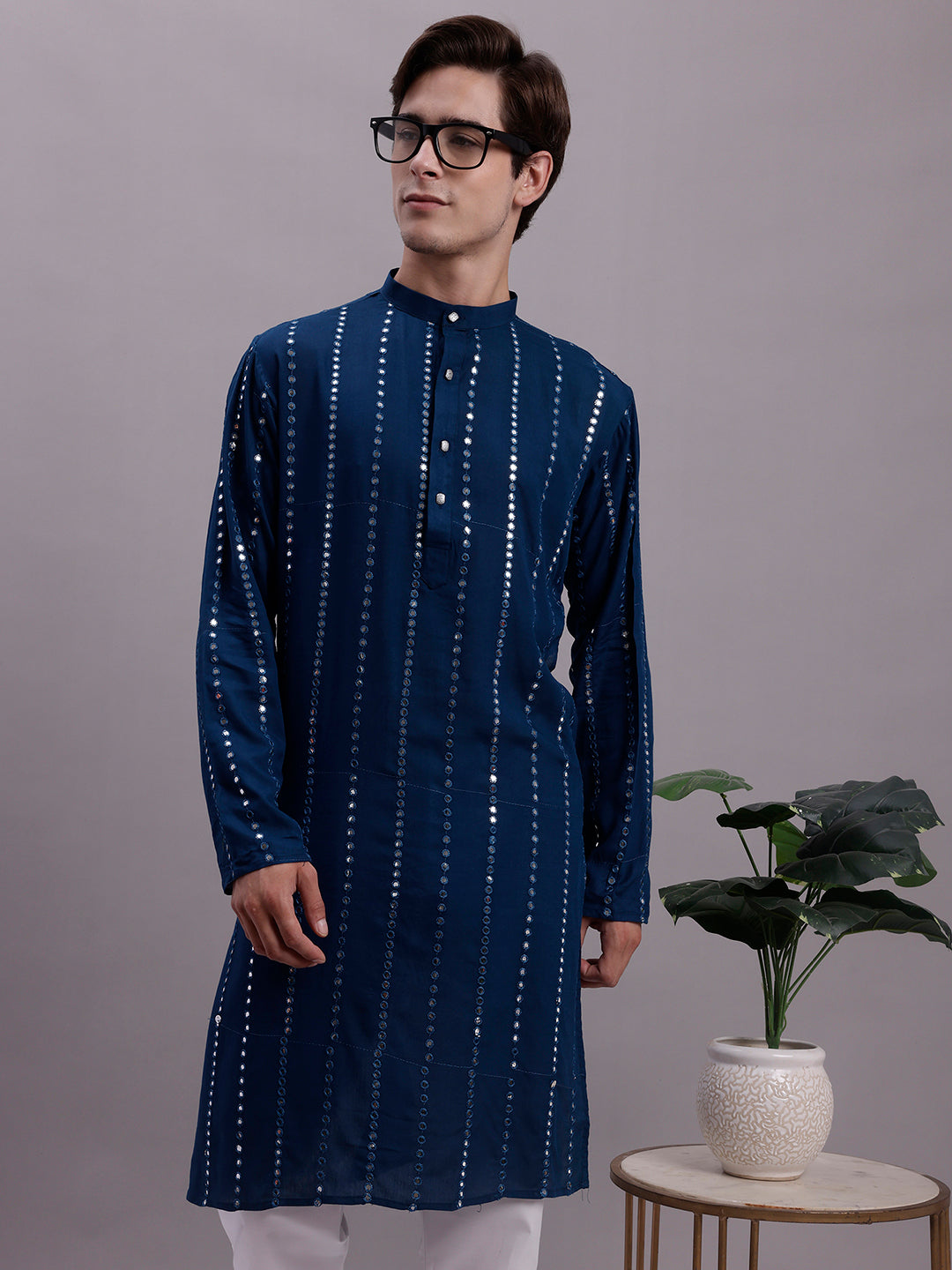 Jompers Men's Embroidered Mirror Work Kurta Payjama Sets - Peacock - Distacart