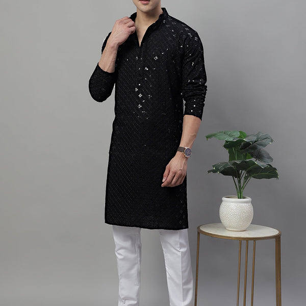 Jompers Men's Black Chikankari Embroidered and Sequence Kurta with Pyjama - Distacart