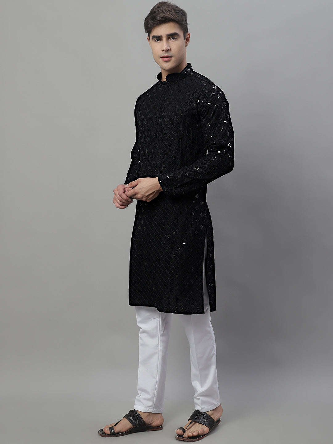 Jompers Men's Black Chikankari Embroidered and Sequence Kurta with Pyjama - Distacart