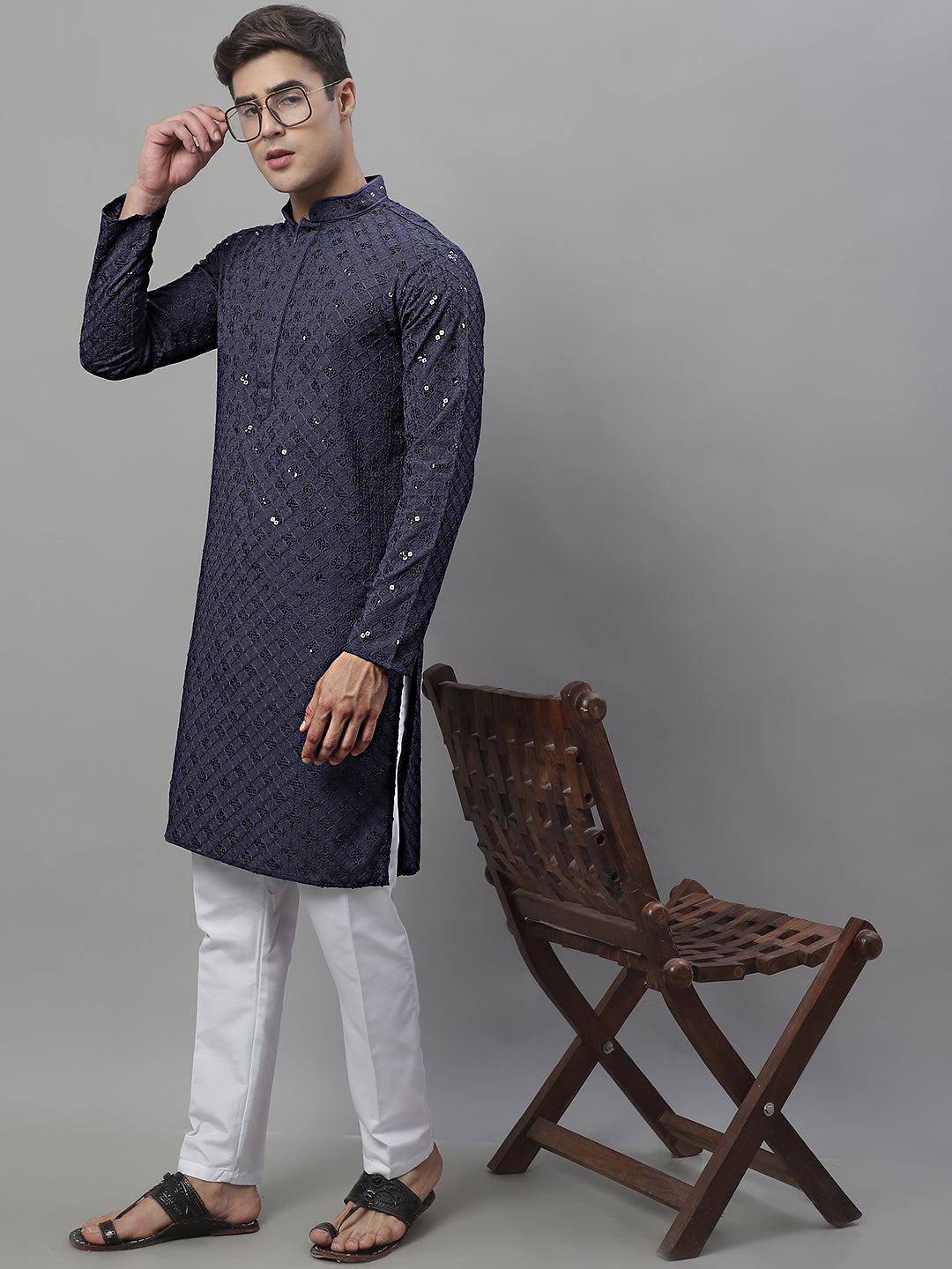 Jompers Men's Grey Chikankari Embroidered and Sequence Kurta with Pyjama - Distacart