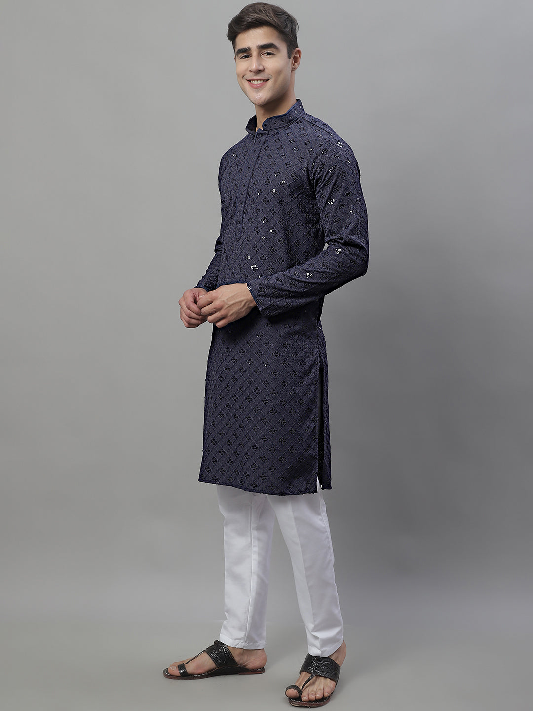 Jompers Men's Grey Chikankari Embroidered and Sequence Kurta with Pyjama - Distacart