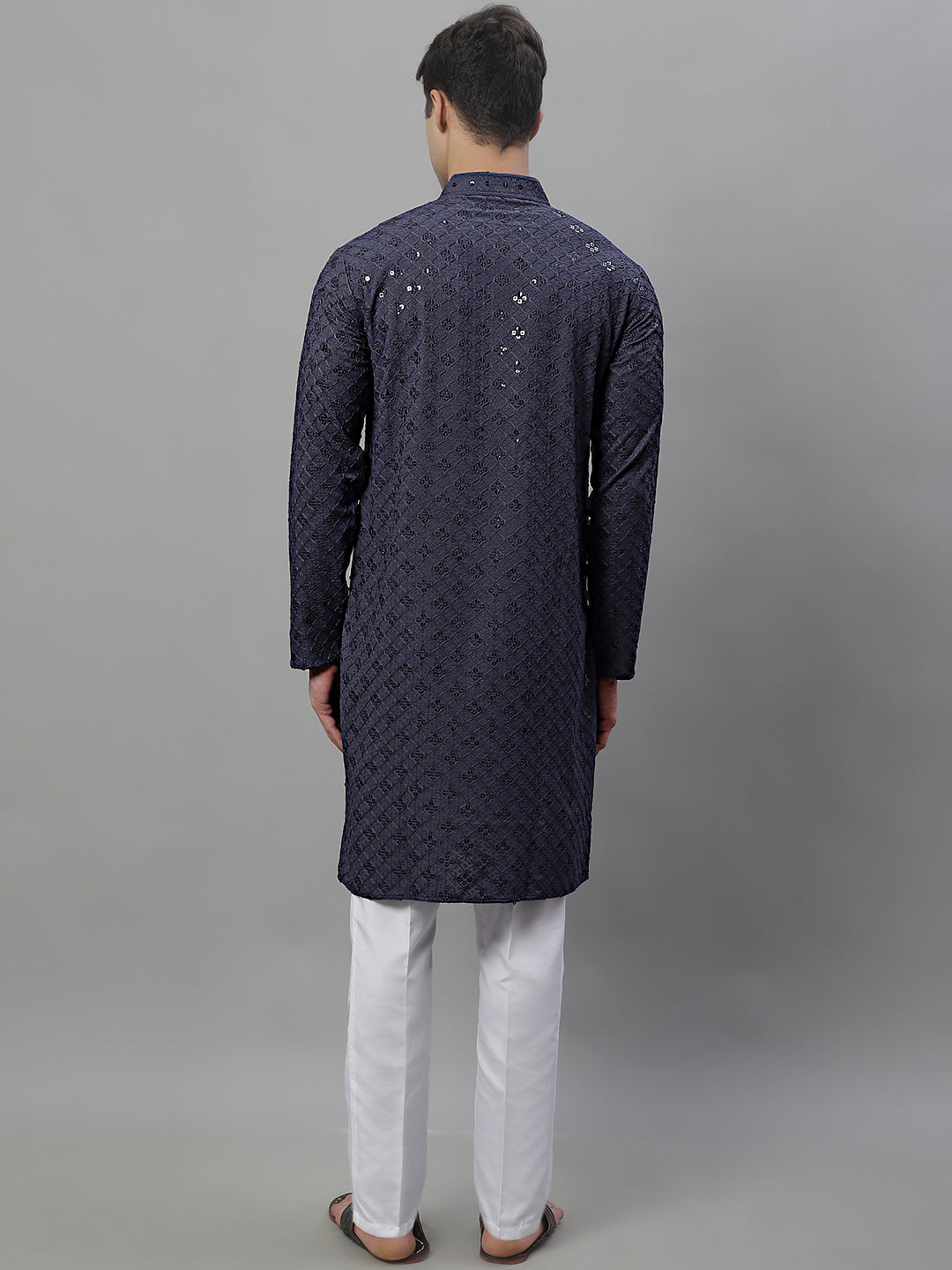 Jompers Men's Grey Chikankari Embroidered and Sequence Kurta with Pyjama - Distacart