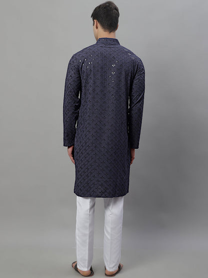 Jompers Men's Grey Chikankari Embroidered and Sequence Kurta with Pyjama - Distacart