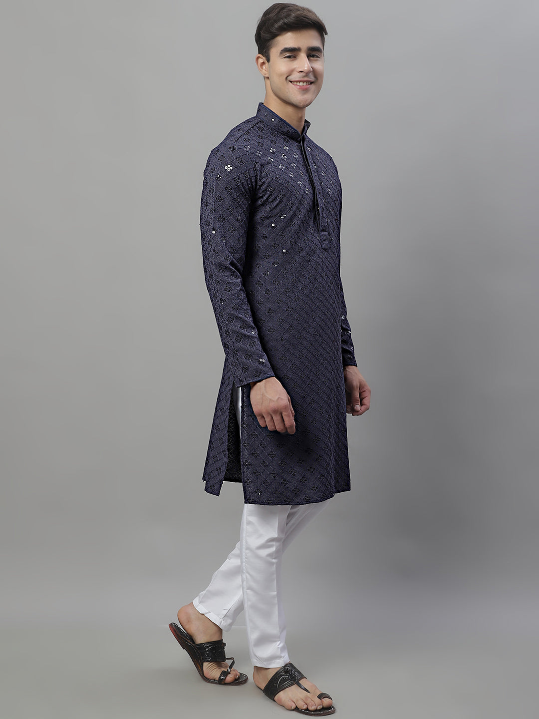 Jompers Men's Grey Chikankari Embroidered and Sequence Kurta with Pyjama - Distacart