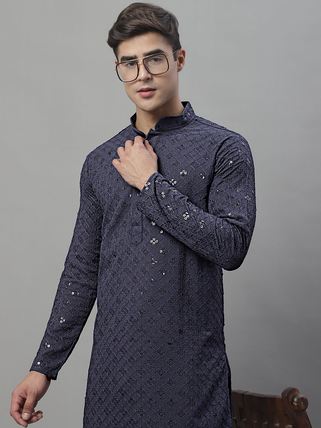 Jompers Men's Grey Chikankari Embroidered and Sequence Kurta with Pyjama - Distacart