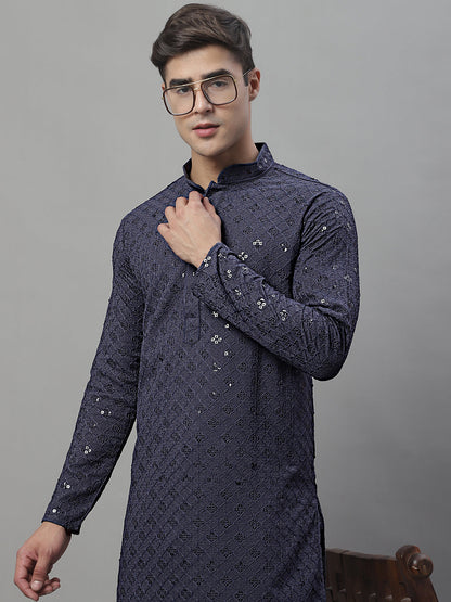 Jompers Men's Grey Chikankari Embroidered and Sequence Kurta with Pyjama - Distacart