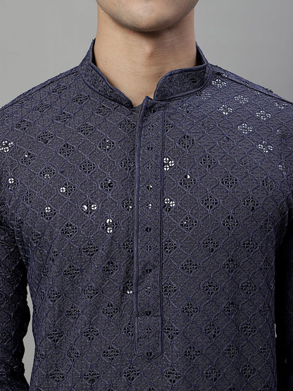Jompers Men's Grey Chikankari Embroidered and Sequence Kurta with Pyjama - Distacart