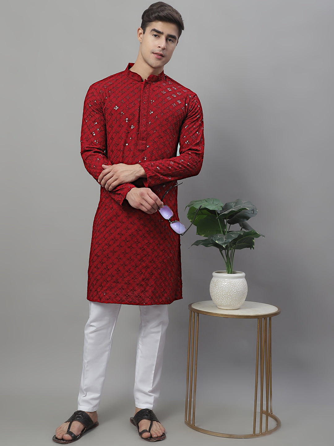 Jompers Men's Maroon Chikankari Embroidered and Sequence Kurta with Pyjama - Distacart
