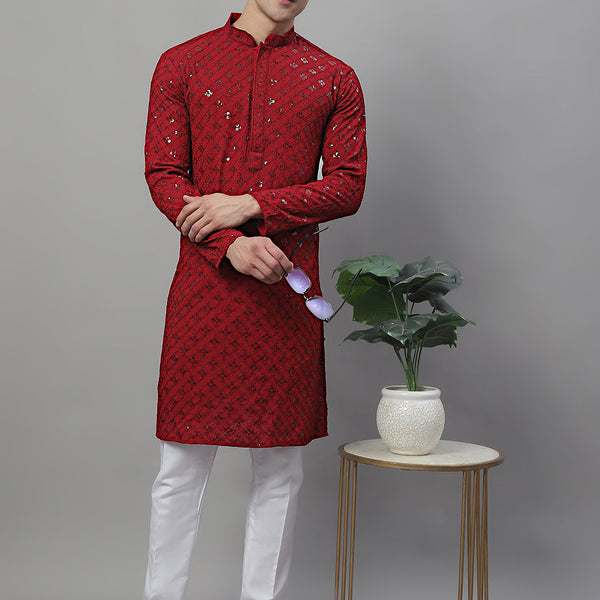Jompers Men's Maroon Chikankari Embroidered and Sequence Kurta with Pyjama - Distacart