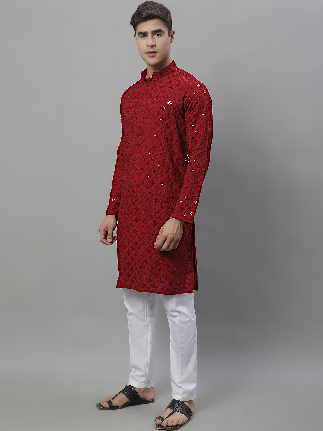 Jompers Men's Maroon Chikankari Embroidered and Sequence Kurta with Pyjama - Distacart