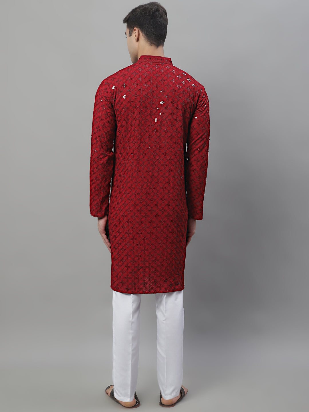 Jompers Men's Maroon Chikankari Embroidered and Sequence Kurta with Pyjama - Distacart