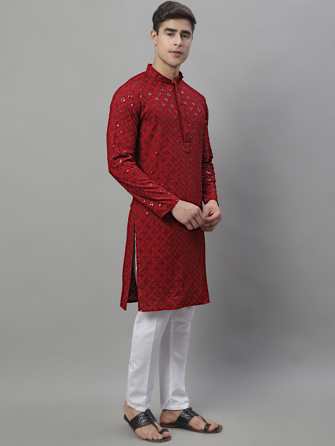 Jompers Men's Maroon Chikankari Embroidered and Sequence Kurta with Pyjama - Distacart