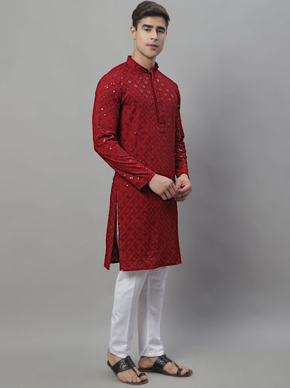 Jompers Men's Maroon Chikankari Embroidered and Sequence Kurta with Pyjama - Distacart