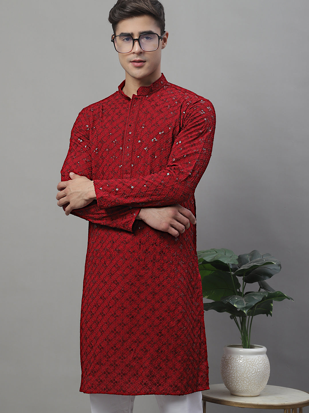 Jompers Men's Maroon Chikankari Embroidered and Sequence Kurta with Pyjama - Distacart