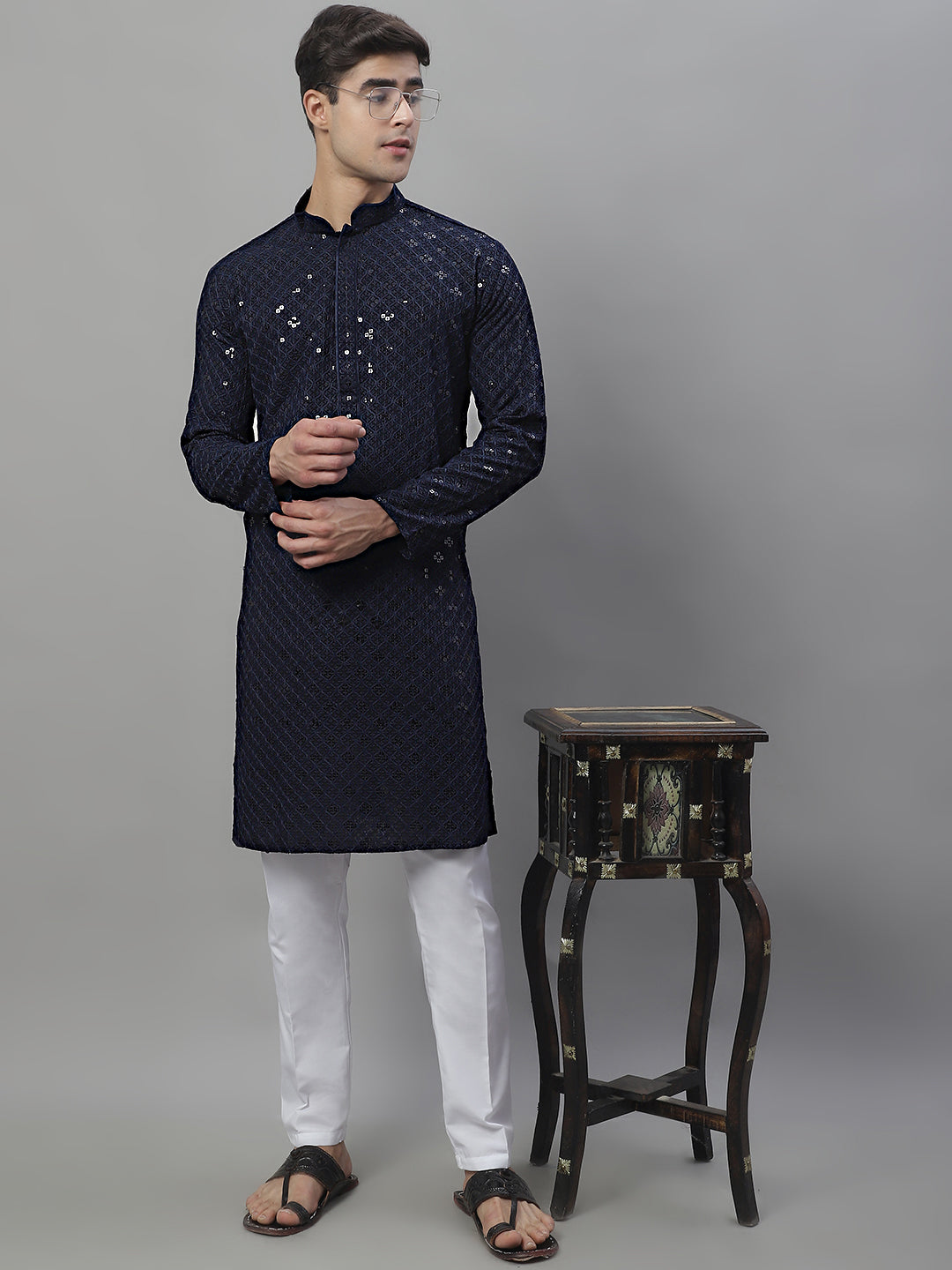 Jompers Men's Navy Blue Chikankari Embroidered and Sequence Kurta with Pyjama - Distacart