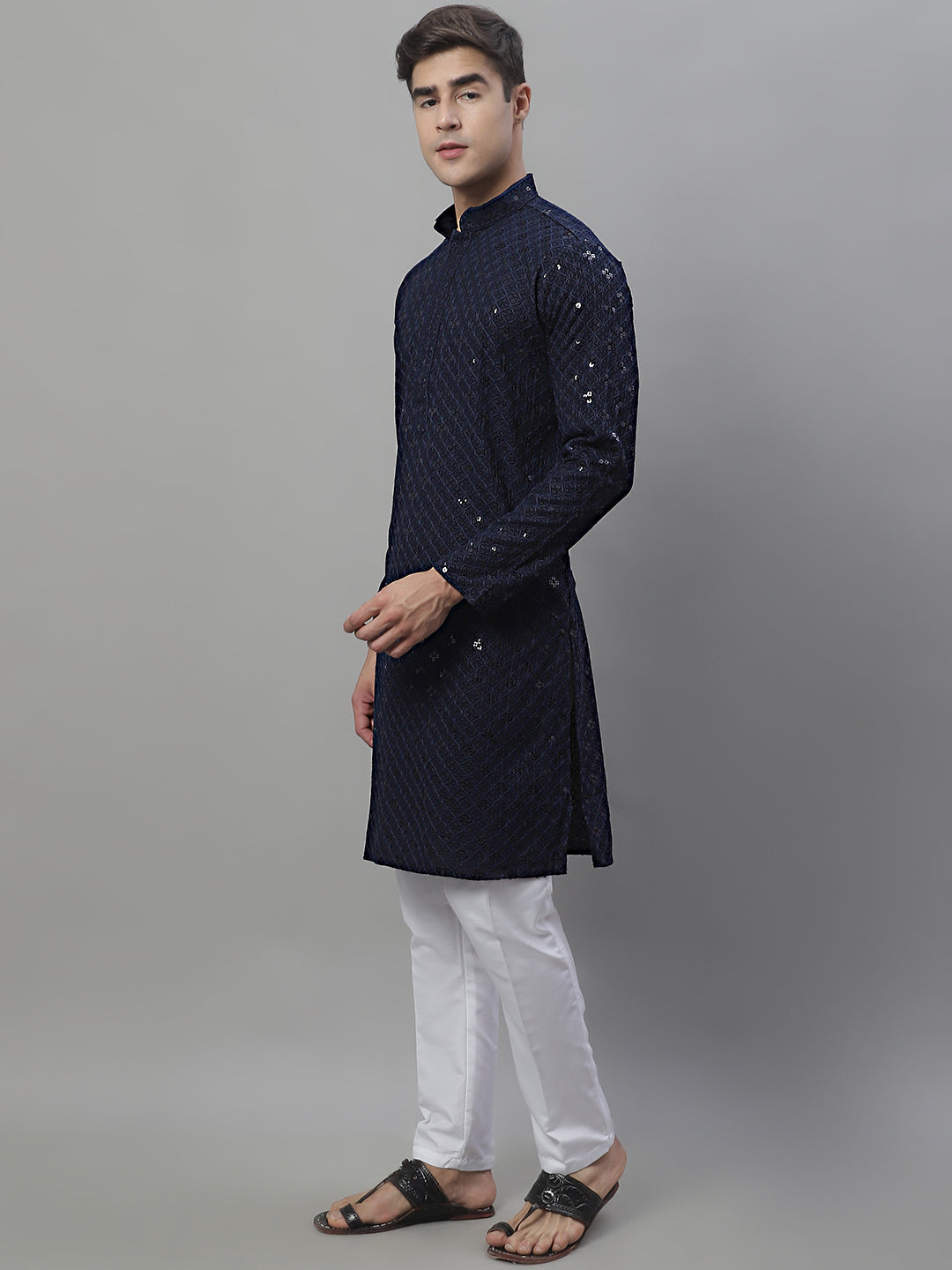 Jompers Men's Navy Blue Chikankari Embroidered and Sequence Kurta with Pyjama - Distacart