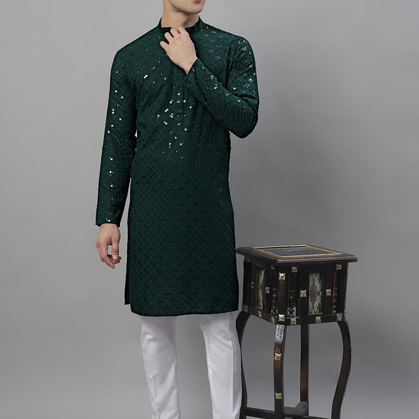 Jompers Men's Olive Green Chikankari Embroidered and Sequence Kurta with Pyjama - Distacart