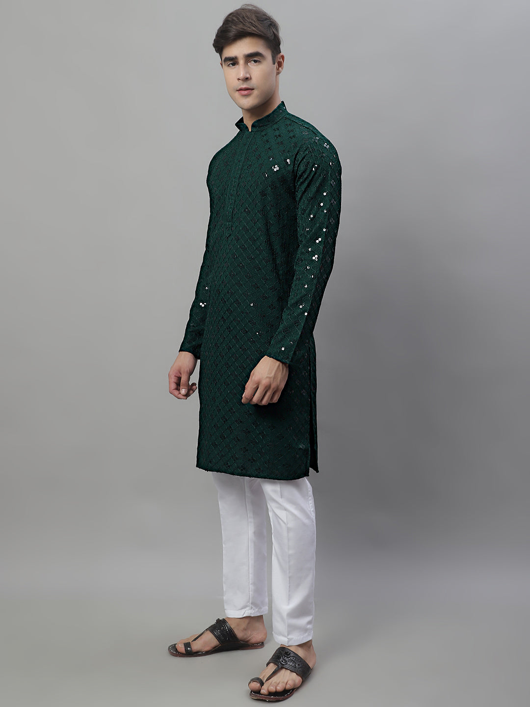 Jompers Men's Olive Green Chikankari Embroidered and Sequence Kurta with Pyjama - Distacart