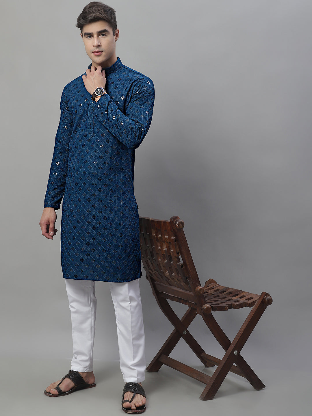 Jompers Men's Peacock Blue Chikankari Embroidered and Sequence Kurta with Pyjama - Distacart