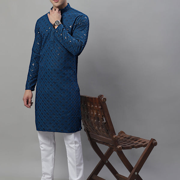 Jompers Men's Peacock Blue Chikankari Embroidered and Sequence Kurta with Pyjama - Distacart