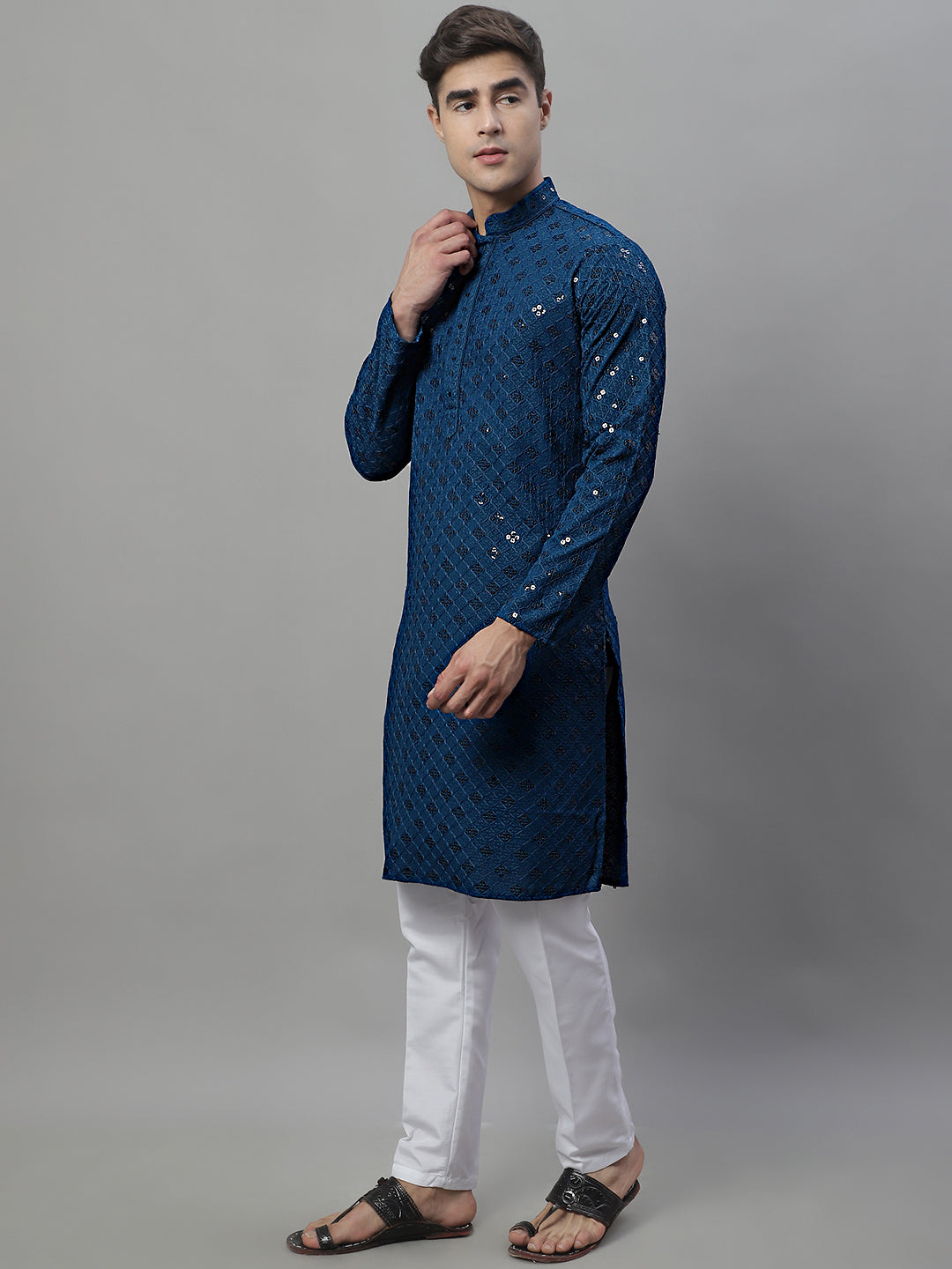 Jompers Men's Peacock Blue Chikankari Embroidered and Sequence Kurta with Pyjama - Distacart