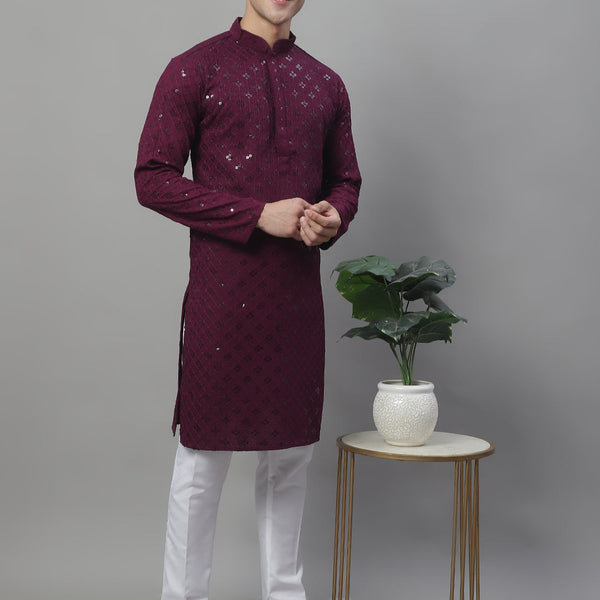 Jompers Men's Purple Chikankari Embroidered and Sequence Kurta with Pyjama - Distacart