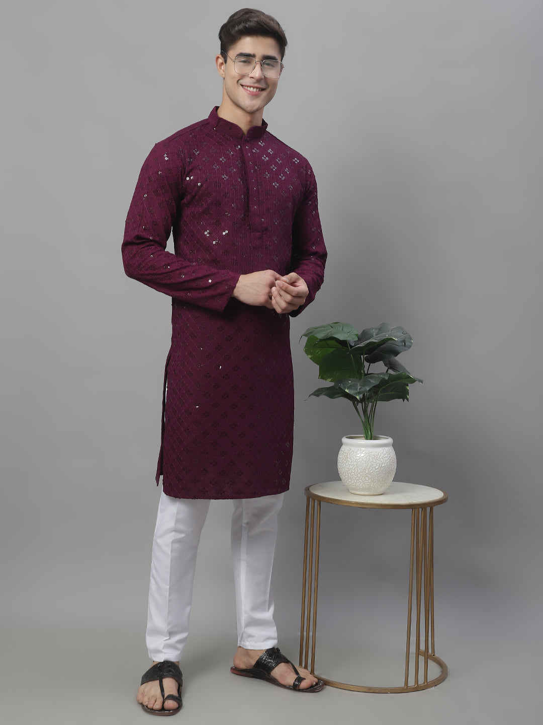 Jompers Men's Purple Chikankari Embroidered and Sequence Kurta with Pyjama - Distacart