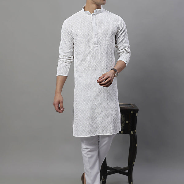 Jompers Men's White Chikankari Embroidered and Sequence Kurta with Pyjama - Distacart