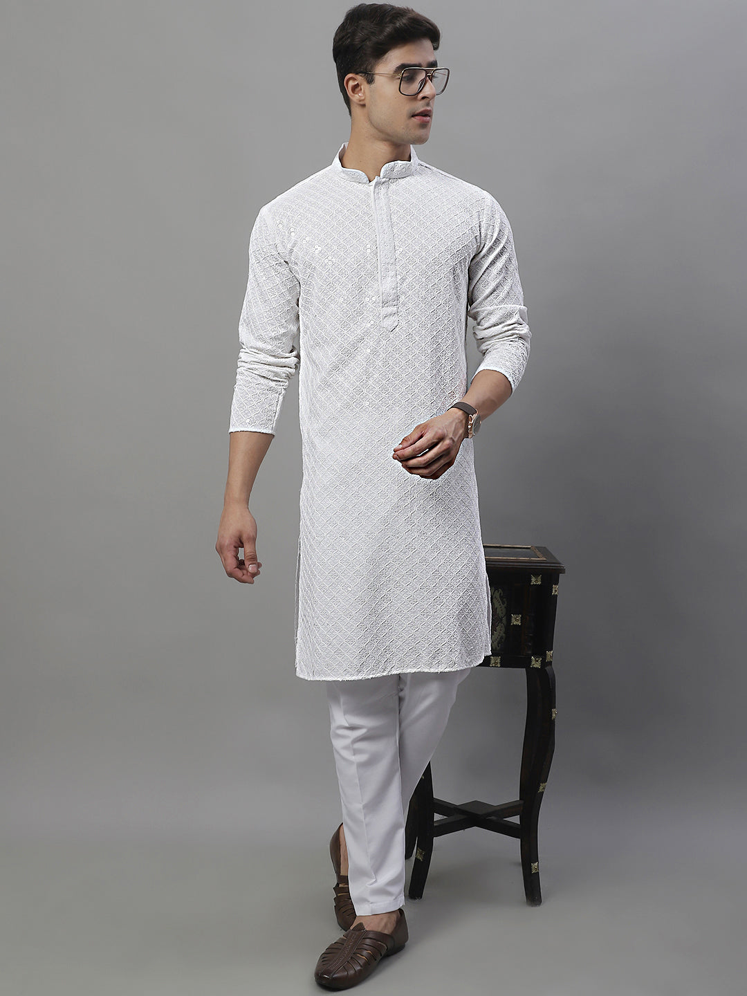 Jompers Men's White Chikankari Embroidered and Sequence Kurta with Pyjama - Distacart